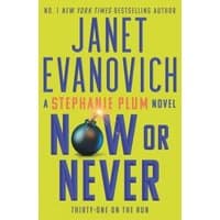 Yellow book cover "Now or Never" by Janet Evanovich, features a bomb illustration and bold blue text.