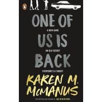 "Black book cover 'One of Us Is Back' by Karen M. McManus, features silhouettes and a white car illustration"