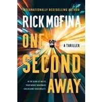 "One Second Away" book by Rick Mofina, cover with a speeding train and blurred lights, published by Random House Canada.