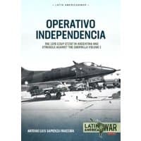 "Book cover featuring a military aircraft on a runway, titled 'Operativo Independencia' by Helion & Company"