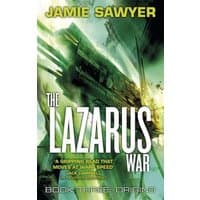 "Green and yellow sci-fi book cover, 'The Lazarus War: Origins' by Jamie Sawyer, with abstract spaceship design"