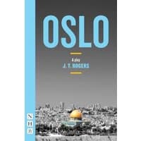 "Oslo play by J.T. Rogers, cover with blue title, grayscale cityscape, and yellow dome in foreground"