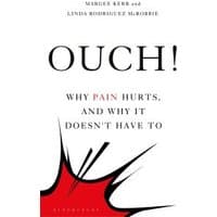 Book titled "Ouch!" with red and black abstract design on white cover.