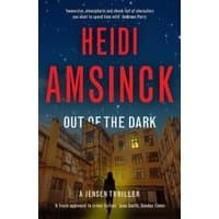 "Book cover of 'Out of the Dark' by Heidi Amsinck, featuring a night sky over an illuminated urban building."