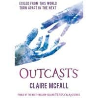 "Outcasts" book by Claire McFall, features two blue and purple hands reaching for each other on a white cover.