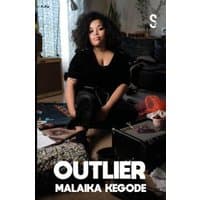 "Book titled 'Outlier' by Malaika Kegode, featuring a woman sitting in a cozy room with scattered papers."
