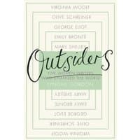 "Book titled 'Outsiders' with green and white cover, featuring names like Virginia Woolf and Emily Bronte in a layered design"