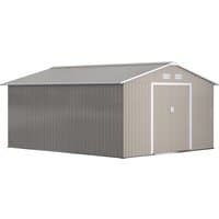Light grey metal garden shed, 13x11ft, with foundation, ventilation, and two lockable doors.