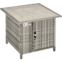 Grey square PE rattan gas fire pit table with glass windscreen, lava stones, and rain cover, 50000 BTU.