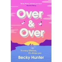 "Pink and purple book cover for 'Over & Over' by Becky Hunter with sunset and birds over water."