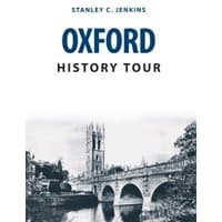 "Oxford History Tour book by Amberley Publishing, cover with bridge and cathedral illustration, blue and white design"