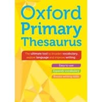 Oxford Primary Thesaurus, yellow cover with blue text, features phrases for vocabulary and writing improvement.