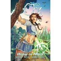 Comic book "OZ: Heart of Magic" with a warrior woman holding a glowing green symbol, set in a mystical landscape.