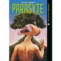 "Parasyte Paperback Collection 4, surreal cover art of a creature with a distorted head and tree-like background."