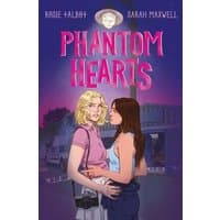 "Phantom Hearts book cover with two women embracing, set against a purple and pink sunset backdrop."