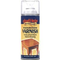 Clear Plastikote Aerosol Varnish Spray with yellow label, featuring a wooden table image and red logo.