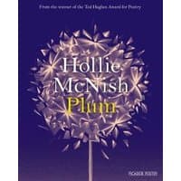 Purple book cover titled "Plum" by Hollie McNish, featuring a dandelion illustration with glowing seeds.