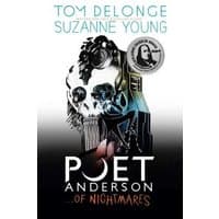 "Poet Anderson ...Of Nightmares book with skull artwork and authors Tom DeLonge, Suzanne Young on cover"