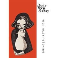 Poetry Book Society Spring 2026 Bulletin, red cover, abstract woman holding a cat, black and white illustration.