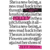"30th Anniversary Edition of 'Pollen' by Jeff Noon, white cover with black text and pink highlights"