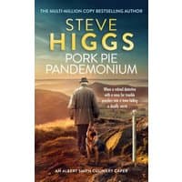 "Pork Pie Pandemonium book cover, man with dog on path, sunset background, by Steve Higgs, Vinci Books"