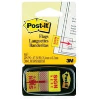 Yellow Post-It Index Flags with red "SIGN HERE" text, 25x43mm, in a black plastic dispenser.