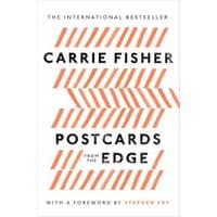 "Postcards from the Edge" book by Carrie Fisher, white cover with orange zigzag lines and bold black text.