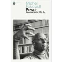 Black and white book cover of "Power" by Michel Foucault, featuring a man gesturing in front of bookshelves.