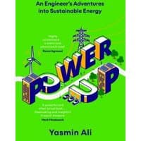 "Power Up" book with green cover, 3D block letters, wind turbine, power lines, and buildings.