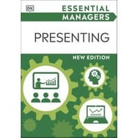 "Green and white book 'Presenting' from Essential Managers series, featuring icons of graphs and gears on cover"