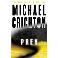 "Prey book by Michael Crichton, black and yellow cover with bold title and abstract design"
