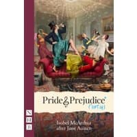 "Pride and Prejudice* (*Sort Of)" book by Nick Hern Books, cover with women in period costumes on a red sofa.