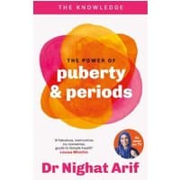"Book titled 'The Power of Puberty & Periods' with colorful abstract design and author's photo on the cover"