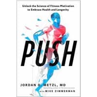 "PUSH" book with geometric athlete design in blue and red, by Jordan D. Metzl, MD, focusing on fitness motivation.