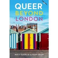 "Queer Beyond London book with colorful beach huts and blue sky on cover, by Manchester University Press"