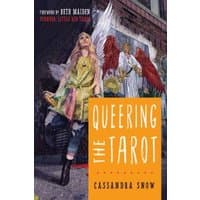 "Queering the Tarot book with colorful cover art of a person and angels, orange title block, by Cassandra Snow"