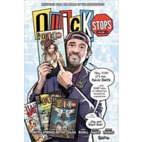 "Quick Stops Volume 3 comic book with illustrated cover featuring a man holding comics, speech bubble, and colorful title"