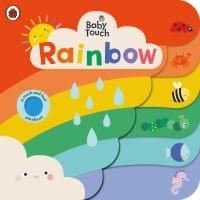 "Colorful Baby Touch board book with rainbow layers, sun, raindrops, and smiling cloud illustrations"