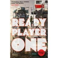 "Ready Player One book with stacked trailers and scaffolding on cover, red and white title text, author Ernest Cline"
