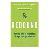 Green book titled "Rebound" with a shoe icon, by Carrie Jackson Cheadle and Cindy Kuzma, focuses on sports injury recovery.
