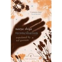 Book cover for "Reconciliation" by Naoya Shiga, features a silhouetted hand and floral patterns on a cream and orange background.