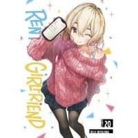 "Rent-A-Girlfriend 20 manga, features a girl in a pink sweater winking, holding a phone, colorful geometric background."