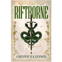 "Riftborne" book cover with a sword and coiled green snake, ornate gold border, by Penguin Random House Children's UK.