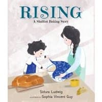 "Children's book 'Rising' with illustrated mother and child baking challah bread on cover."