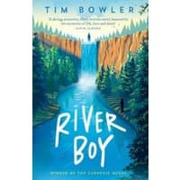 "River Boy book by Tim Bowler, cover art of a river flowing through forested cliffs with a waterfall in the background"