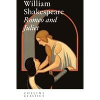 "Collins Classics edition of Romeo and Juliet by William Shakespeare, featuring an illustration of two figures in an archway"