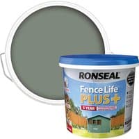 Ronseal Fence Life Plus paint tub with blue lid, showing green color sample, promises 5-year protection for sheds and fences.