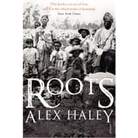 "Roots book by Alex Haley, black and white cover with historical photo of African American family in a field"