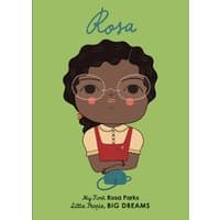 Children's book "Rosa" with illustrated girl in glasses, red dress, and braids on green background.