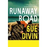 "Runaway Road by Pan Macmillan, book cover with person lying on stone wall by the sea, bold white and yellow text"